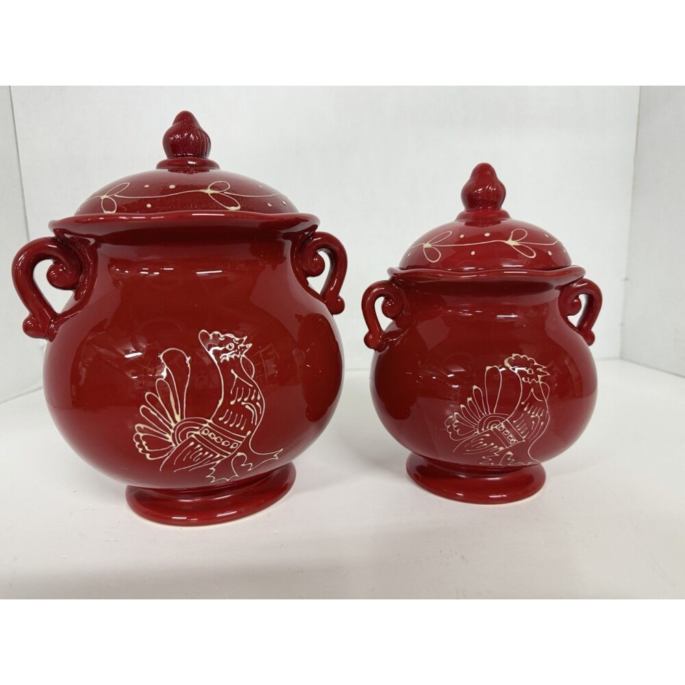Vintage American Atelier Red Rooster Canisters Small & Medium w Lids